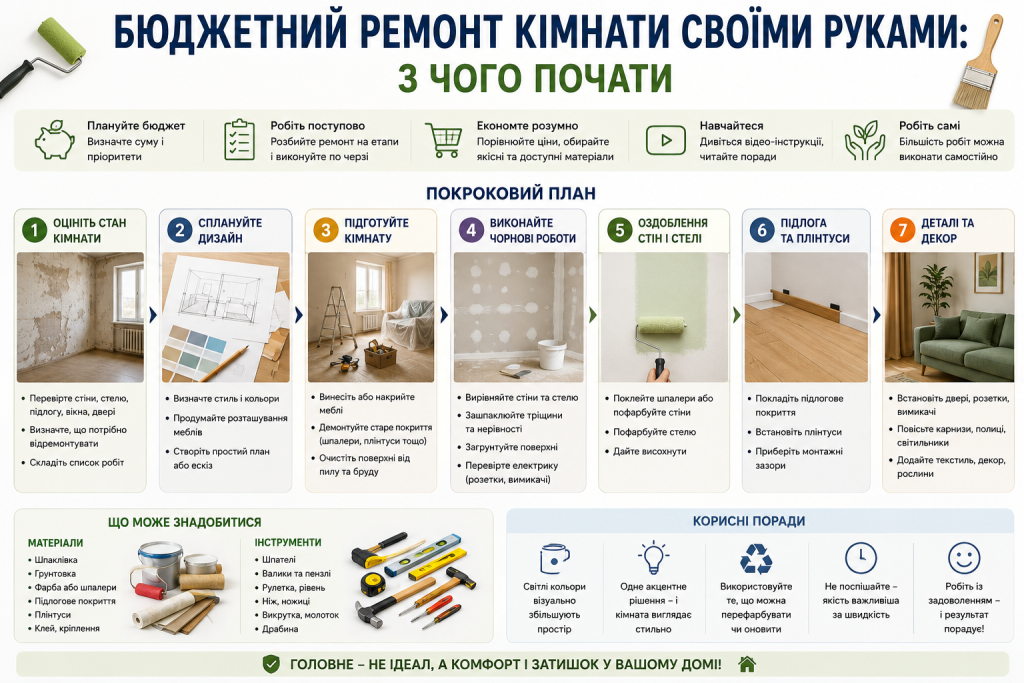 Інфографіка з покроковим планом бюджетного ремонту кімнати своїми руками та переліком необхідних матеріалів