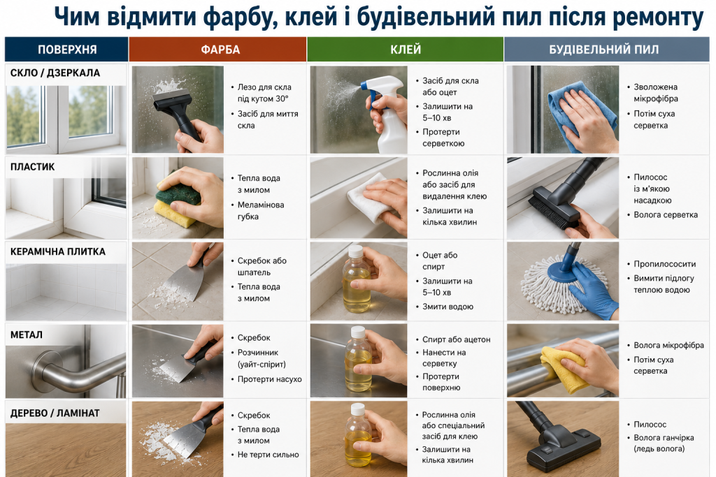 Таблиця із засобами та способами очищення фарби, клею і будівельного пилу з різних поверхонь після ремонту