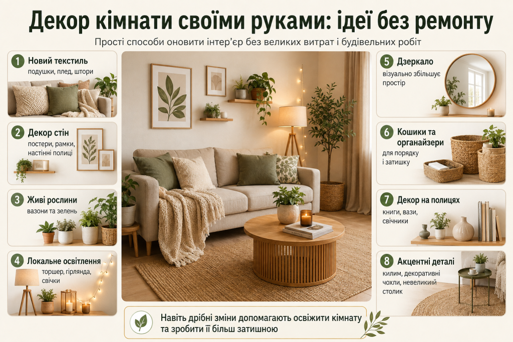 Інфографіка з простими ідеями декору кімнати своїми руками без ремонту та великих витрат