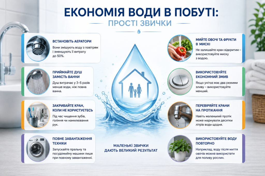 Інфографіка з простими способами економії води вдома під час душу, прання, миття овочів і чищення зубів