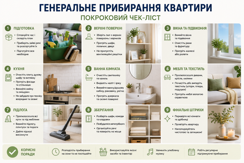 Інфографіка з покроковим планом генерального прибирання квартири від підготовки до фінальних штрихів