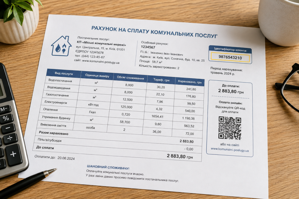 Рахунок на оплату комунальних послуг із виділеним ідентифікатором клієнта та QR-кодом