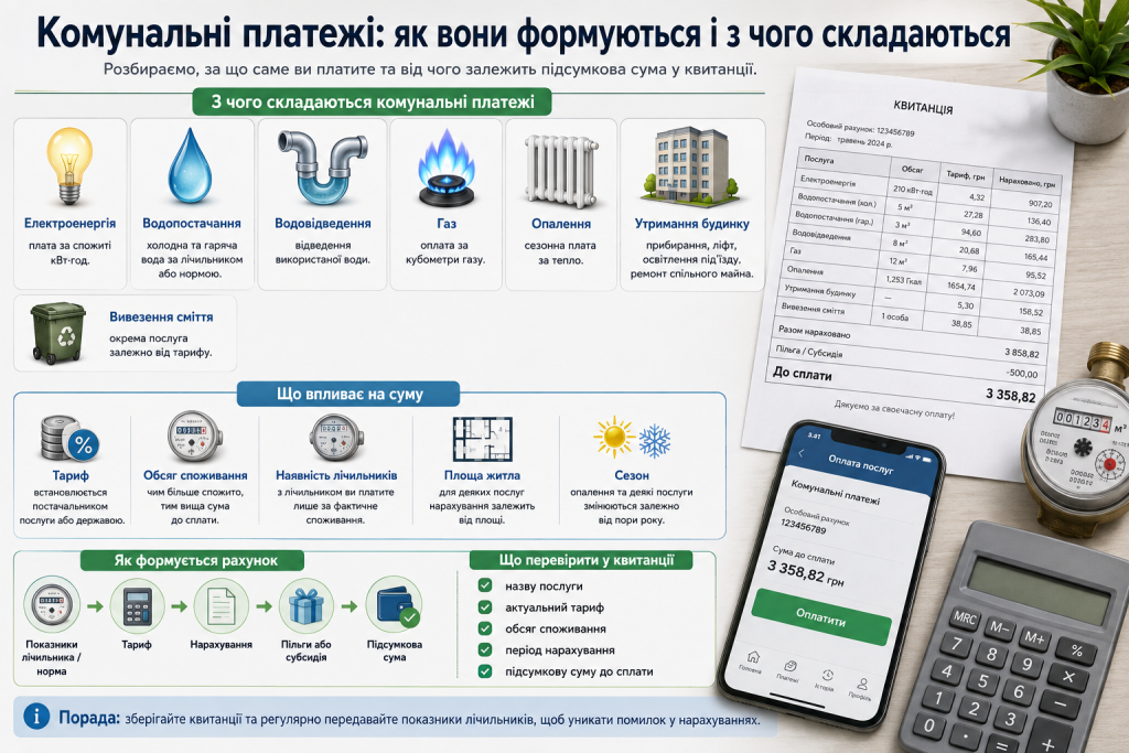 Інфографіка про формування комунальних платежів за електроенергію, воду, газ, опалення та утримання будинку
