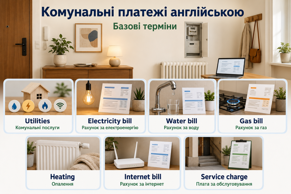 Інфографіка з англійськими назвами комунальних платежів за воду, електроенергію, газ, опалення та інтернет