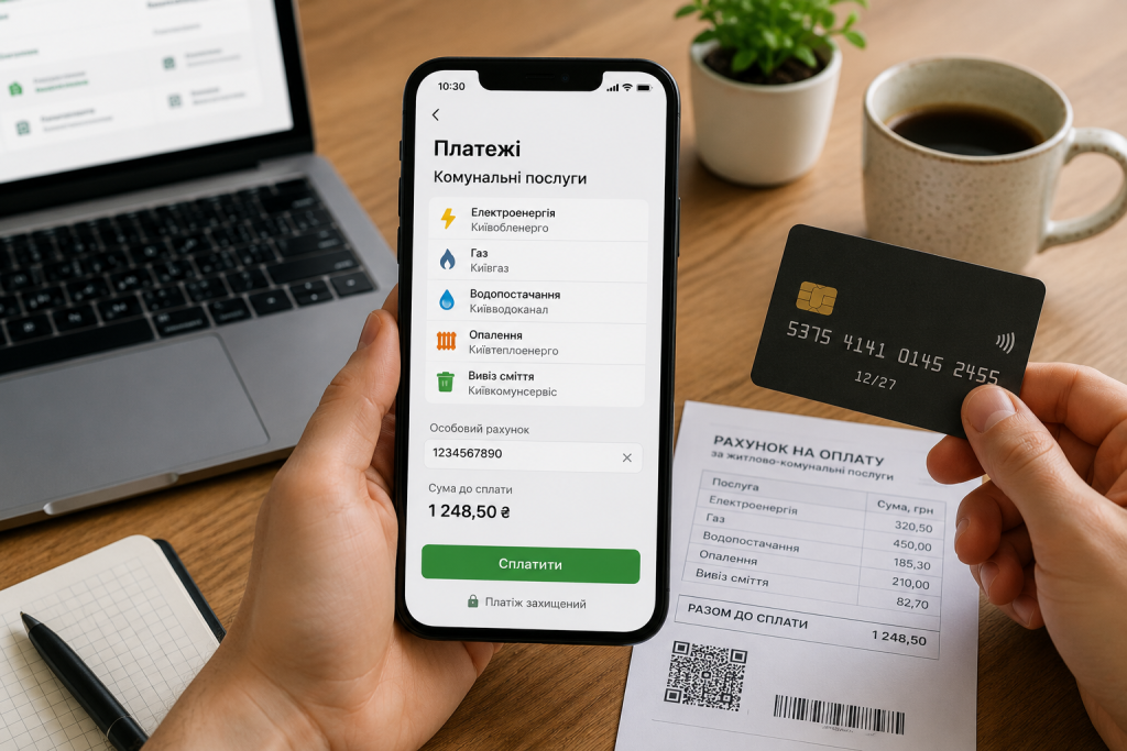 Людина оплачує комунальні послуги зі смартфона банківською карткою, поруч лежить паперовий рахунок