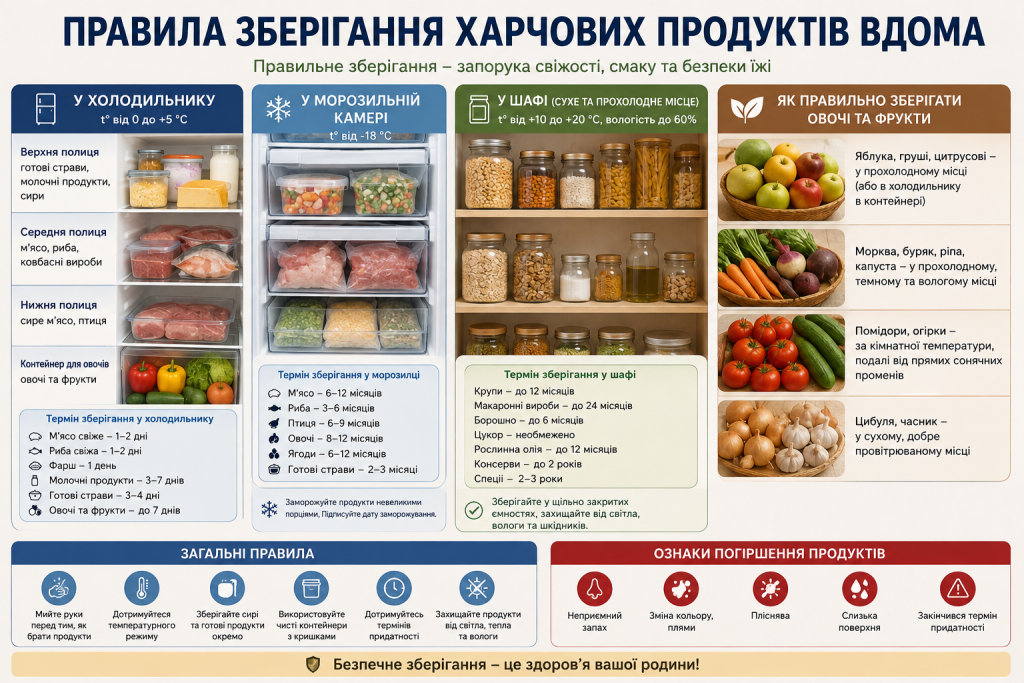 Інфографіка про правильне зберігання продуктів у холодильнику, морозильній камері та кухонній шафі