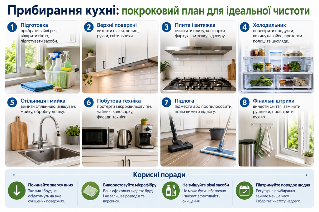 Інфографіка з покроковим планом прибирання кухні від очищення поверхонь і техніки до миття підлоги