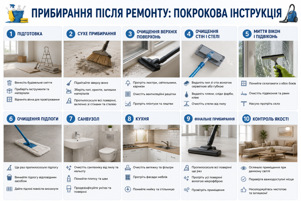 Інфографіка з етапами прибирання квартири після ремонту від видалення будівельного сміття до фінального очищення