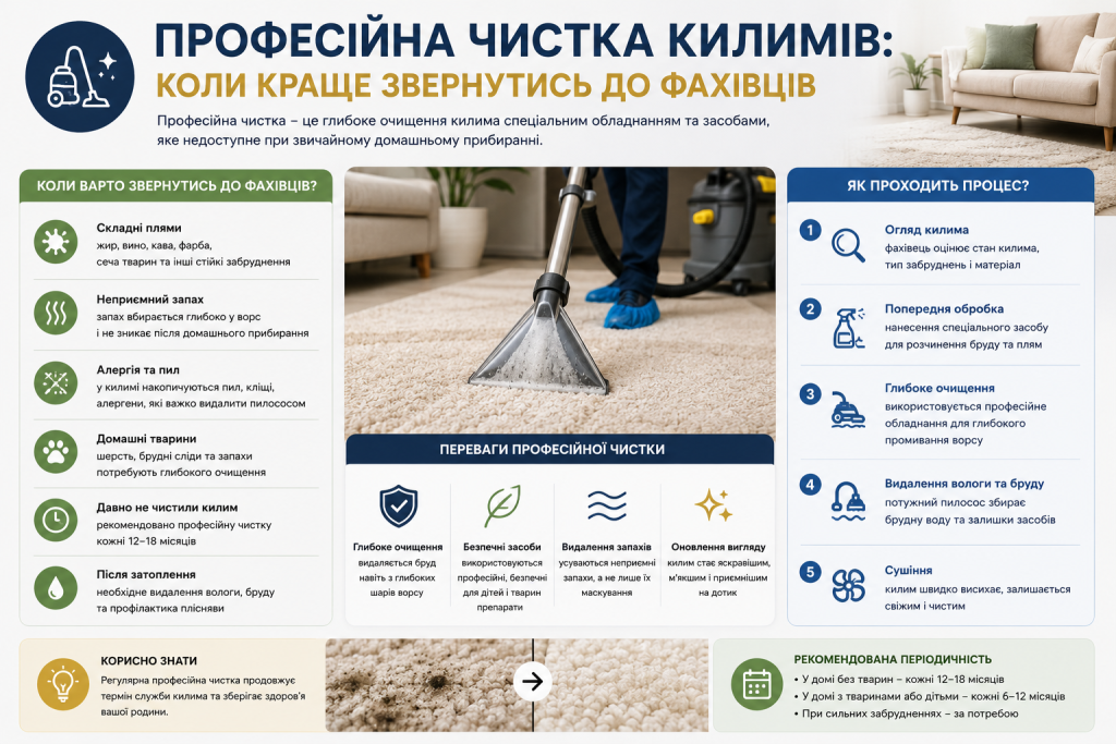 Інфографіка про професійну чистку килимів, показання для глибокого очищення та основні етапи роботи