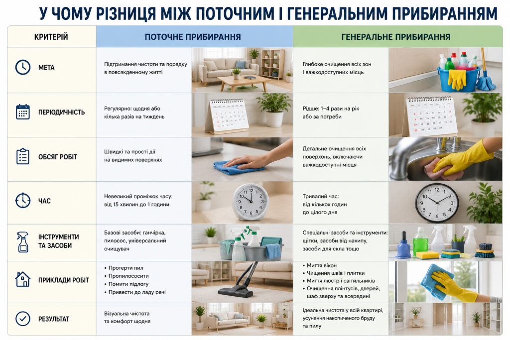 Порівняльна інфографіка про відмінності між поточним і генеральним прибиранням за обсягом робіт, часом і частотою