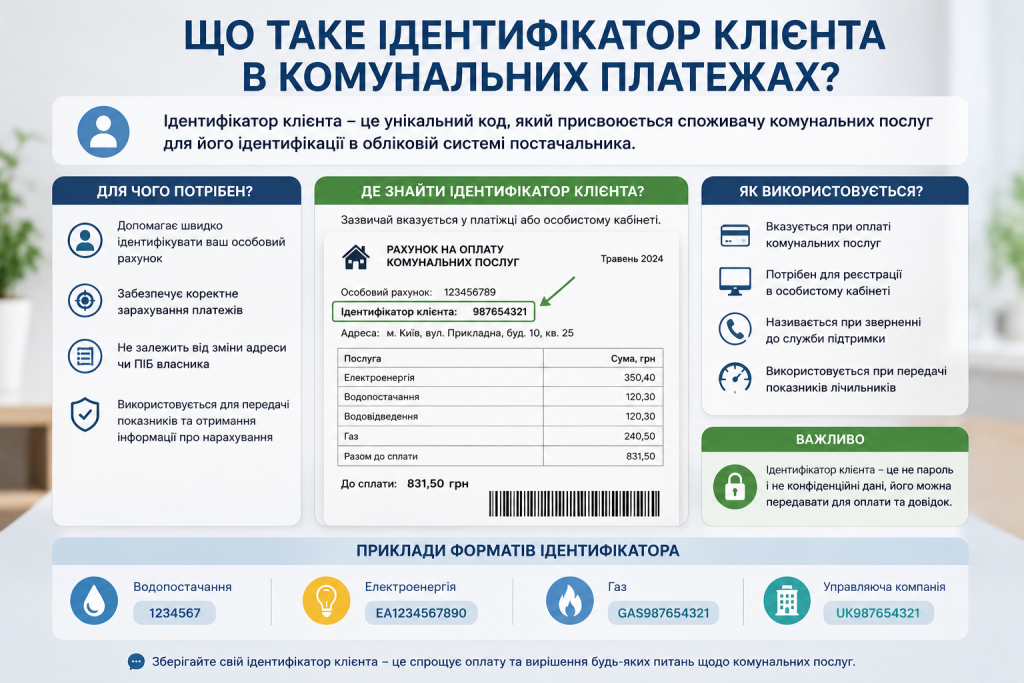 Інфографіка з поясненням, що таке ідентифікатор клієнта, де його знайти та як використовувати при оплаті комунальних послуг