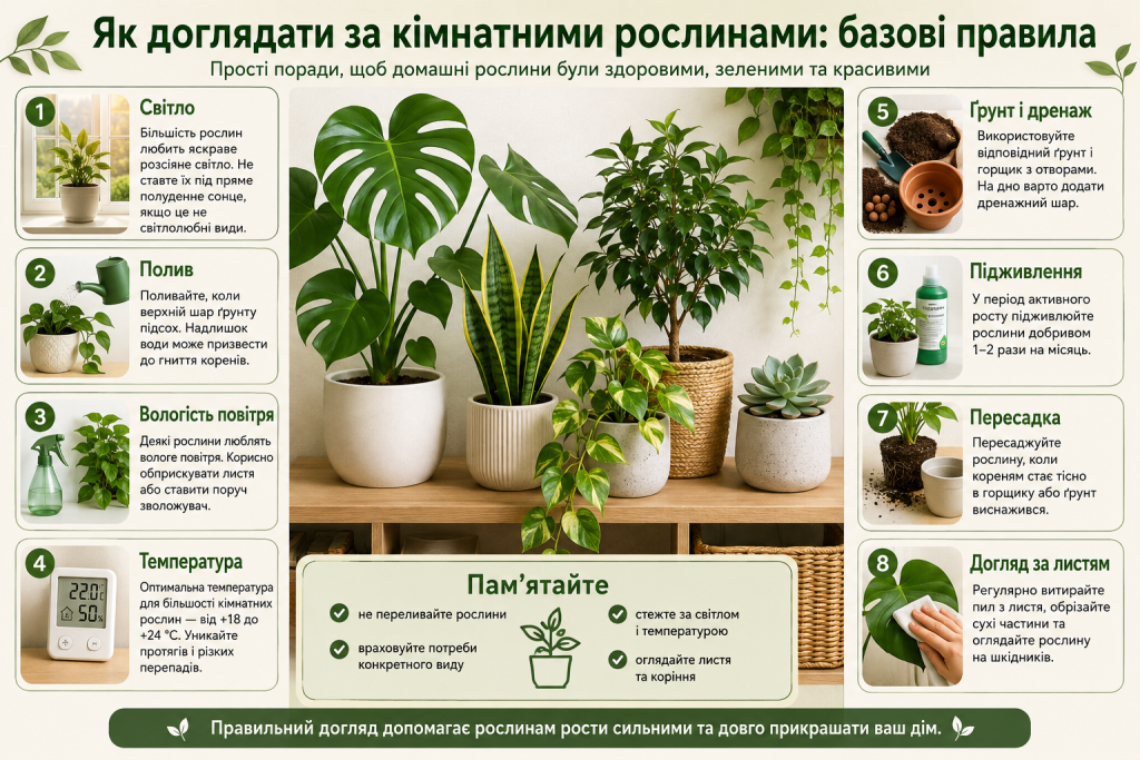 Інфографіка з базовими правилами догляду за кімнатними рослинами: світло, полив, температура, ґрунт і підживлення
