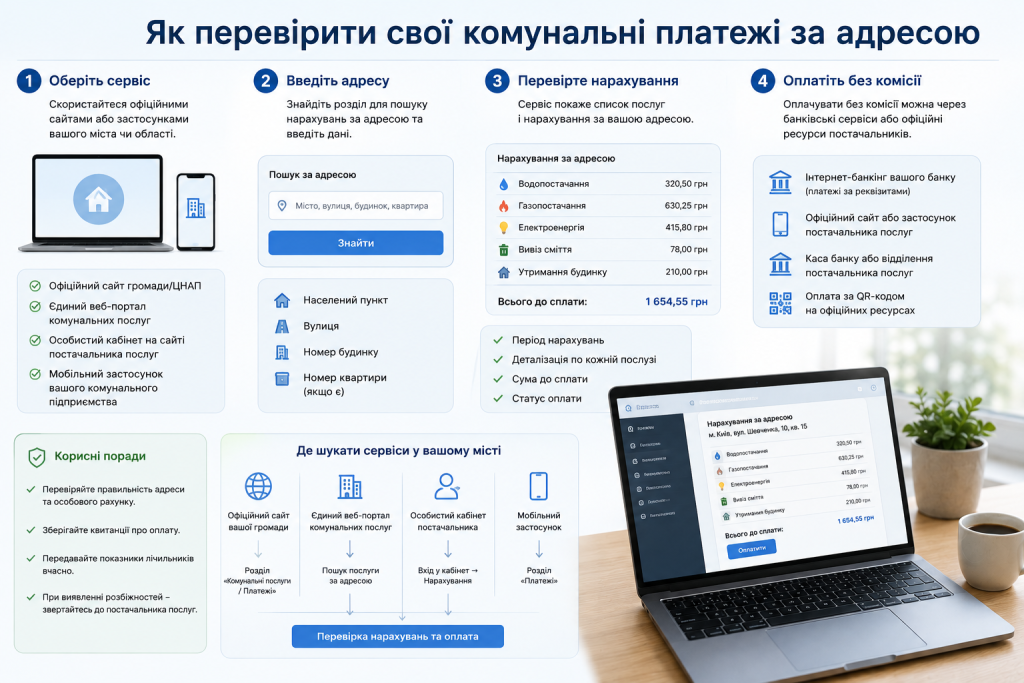 Інфографіка з інструкцією перевірки нарахувань за комунальні послуги за адресою через онлайн-сервіси