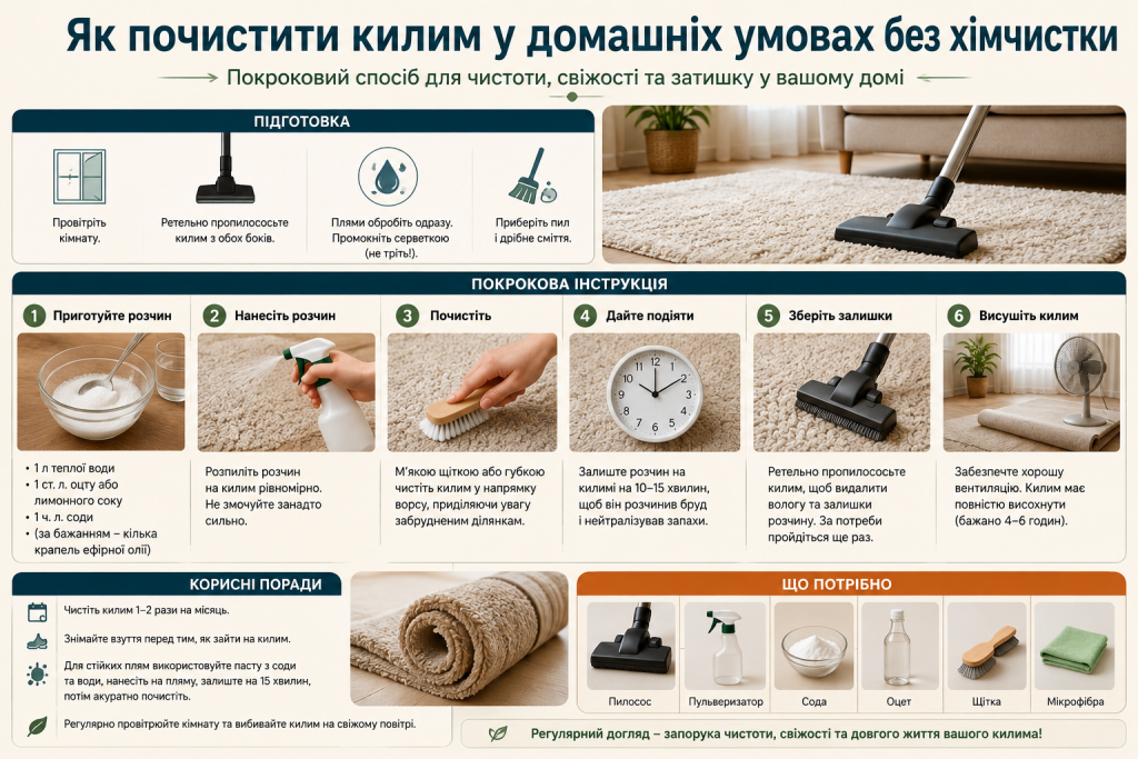 Інфографіка з покроковою інструкцією домашнього очищення килима за допомогою пилососа, соди та оцету