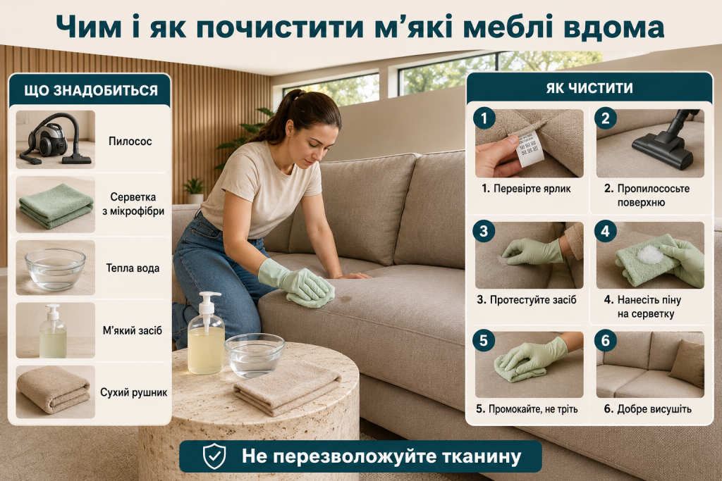 Інфографіка про домашнє чищення м’яких меблів із засобами та основними етапами очищення дивана