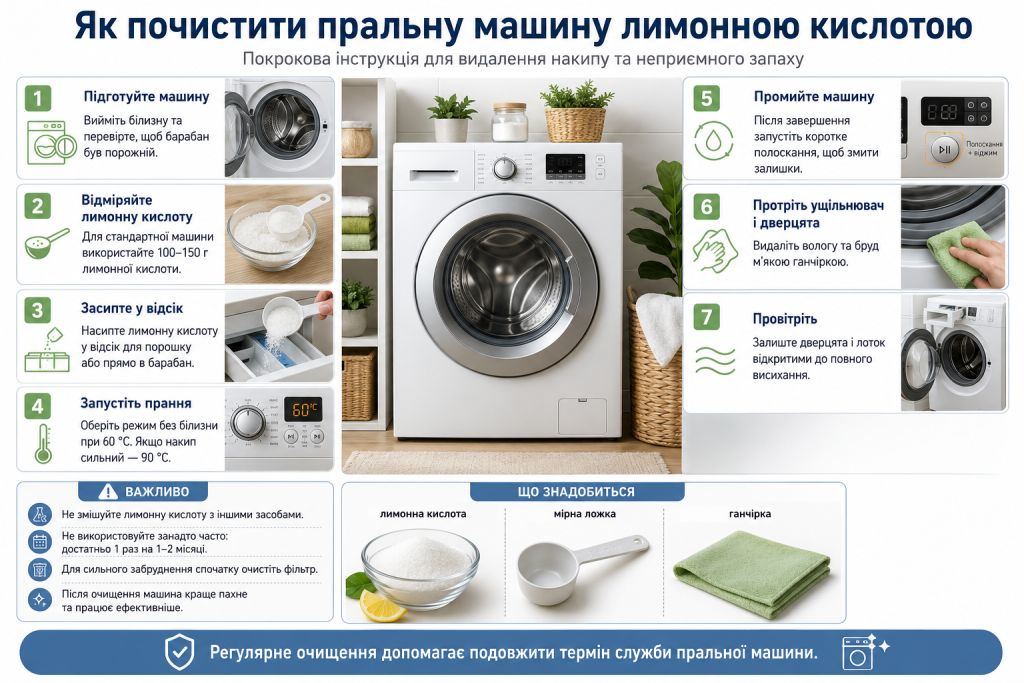 Інфографіка з покроковою інструкцією очищення пральної машини лимонною кислотою від накипу та запаху