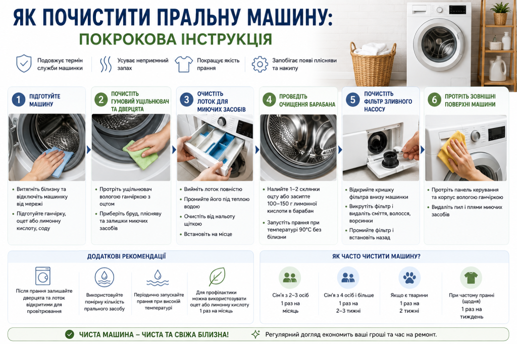 Інфографіка з етапами очищення пральної машини, барабана, ущільнювача, лотка та зливного фільтра