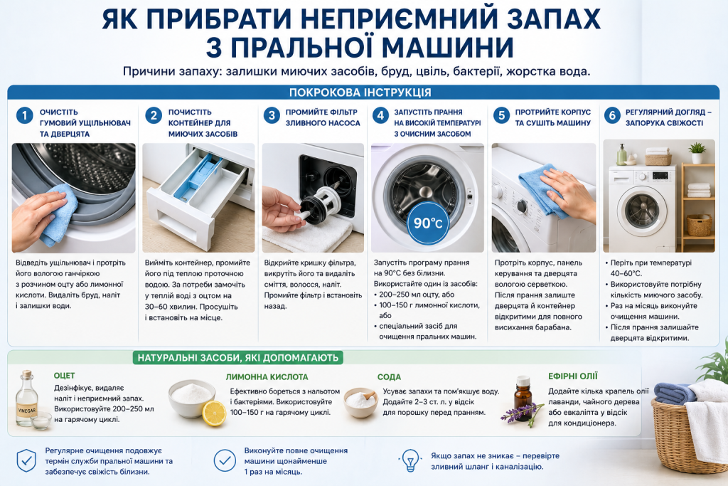 Інфографіка з покроковими способами усунення неприємного запаху з пральної машини та очищення її основних деталей
