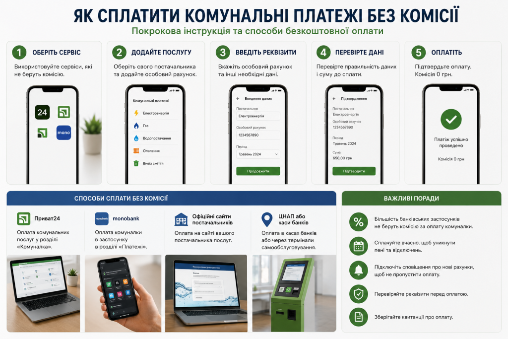 Інфографіка з покроковою інструкцією оплати комунальних платежів без комісії через онлайн-сервіси та банки