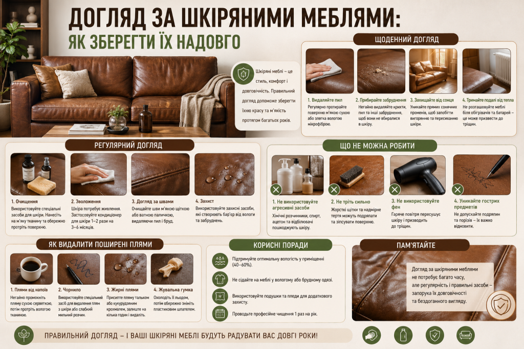 Інфографіка про правильний догляд за шкіряними меблями, очищення, зволоження, захист і видалення плям