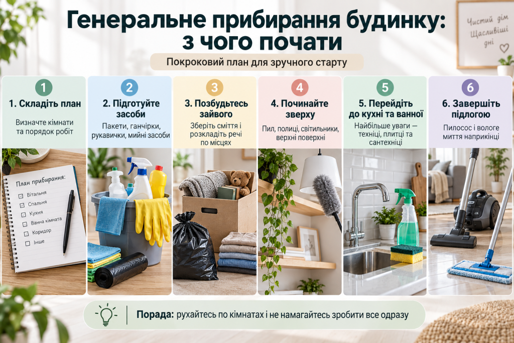 Інфографіка з покроковим планом генерального прибирання будинку: підготовка засобів, видалення пилу, прибирання кухні та миття підлоги.