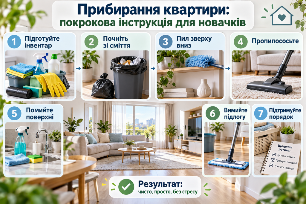 Інфографіка із семи етапів прибирання квартири: підготовка інвентарю, збирання сміття, видалення пилу, використання пилососа, миття поверхонь і підлоги та підтримання чистоти.