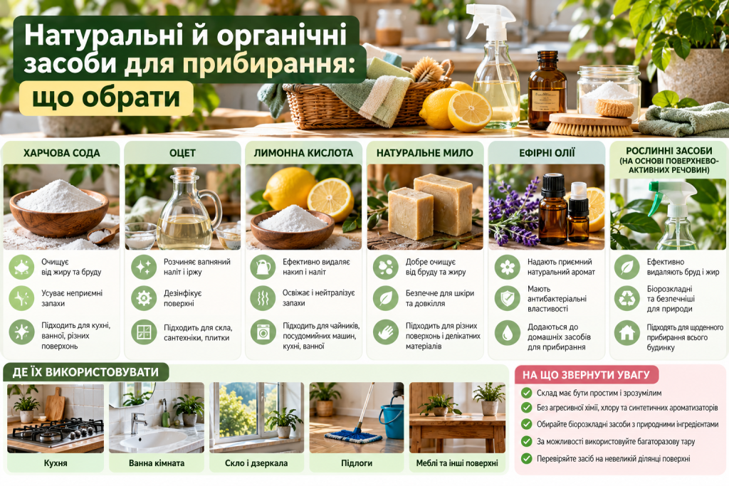 Інфографіка про натуральні засоби для прибирання: харчова сода, оцет, лимонна кислота, натуральне мило, ефірні олії та рослинні мийні засоби.