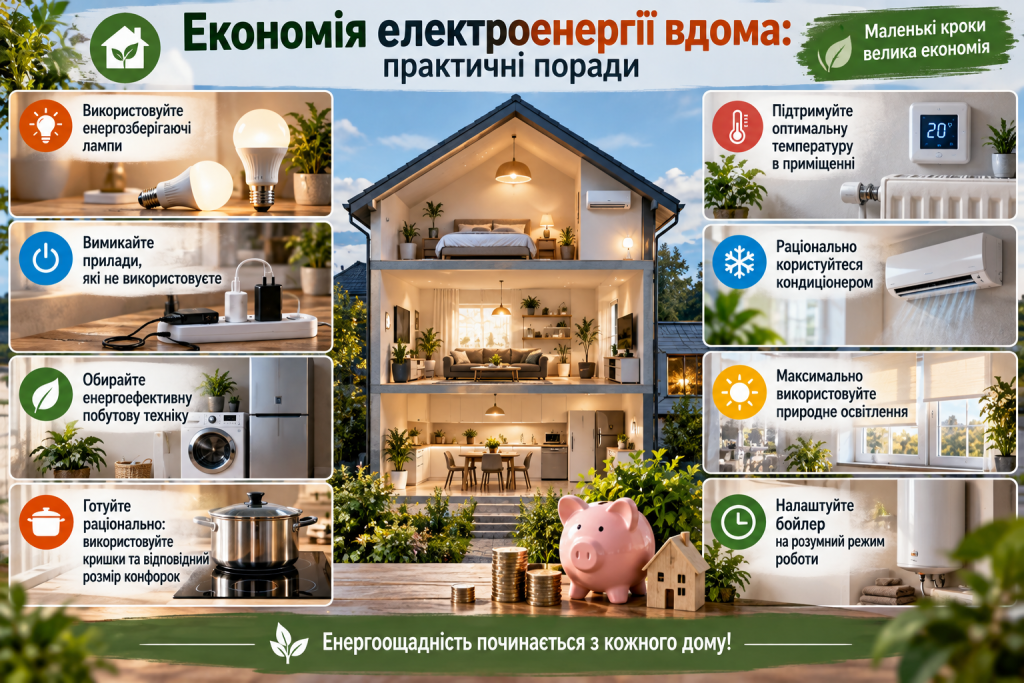 Інфографіка з практичними порадами щодо економії електроенергії вдома — освітлення, побутова техніка, опалення та кондиціонування