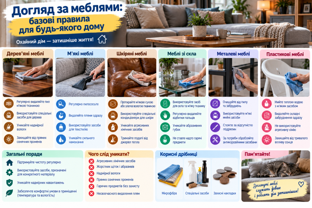 Інфографіка про догляд за дерев’яними, м’якими, шкіряними, скляними, металевими та пластиковими меблями в домашніх умовах.
