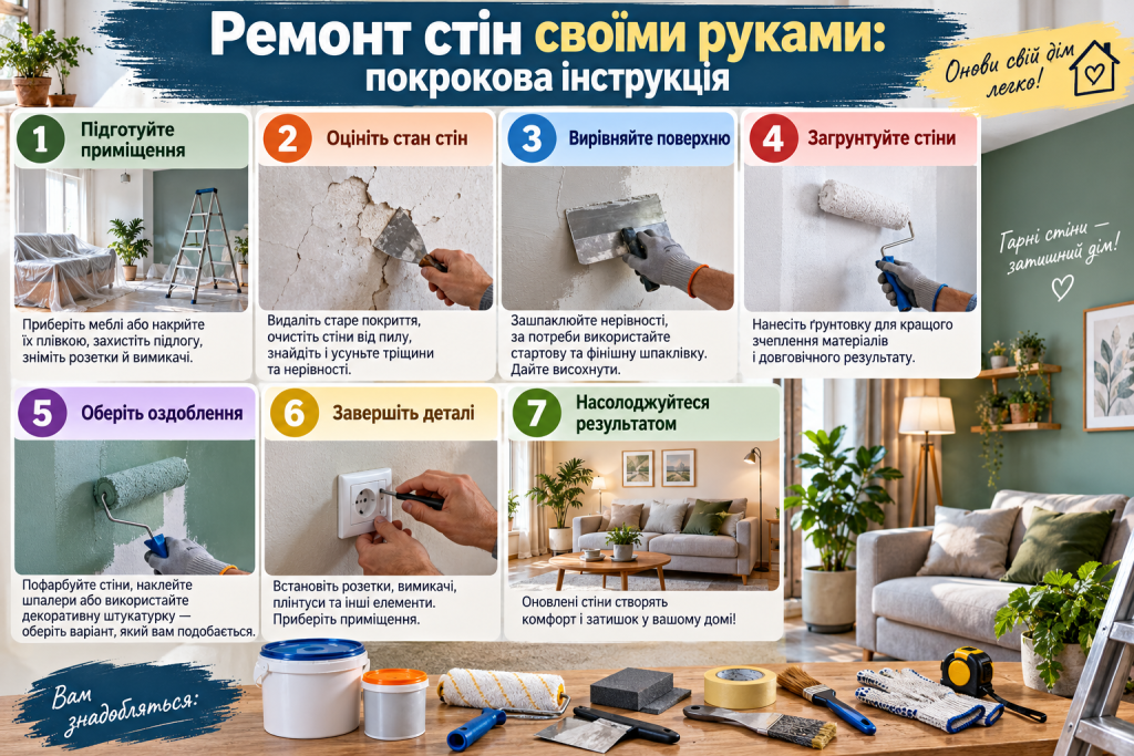 Інфографіка з етапами ремонту стін своїми руками — підготовка, шпаклювання, ґрунтування, фарбування та завершальні роботи