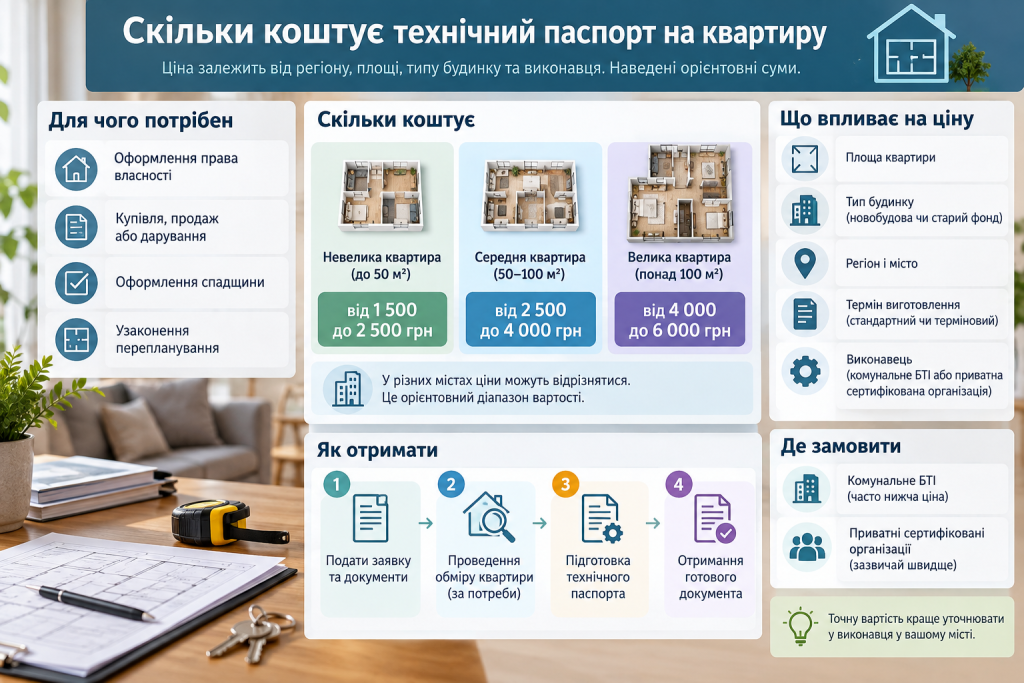 Інфографіка про вартість технічного паспорта на квартиру, фактори формування ціни, етапи оформлення та способи замовлення документа.