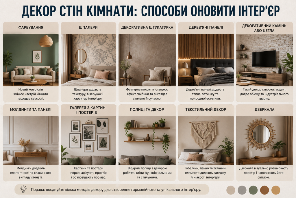 Інфографіка з ідеями декору стін: фарбування, шпалери, декоративна штукатурка, дерев’яні панелі, картини, полиці та дзеркала