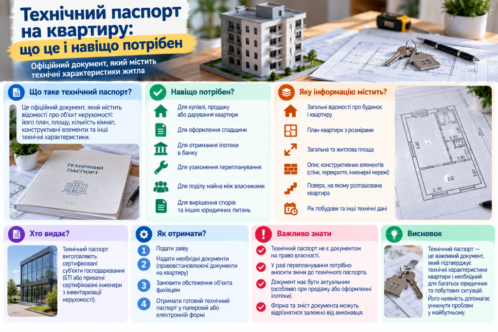 Інфографіка про технічний паспорт на квартиру, його призначення, основні дані, порядок отримання та випадки, коли документ необхідний.