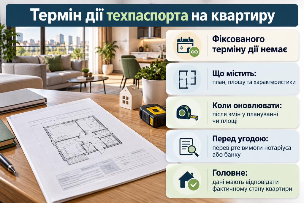 Інформаційна ілюстрація про термін дії технічного паспорта на квартиру, його основні характеристики, оновлення після змін у плануванні та перевірку документів перед угодою.