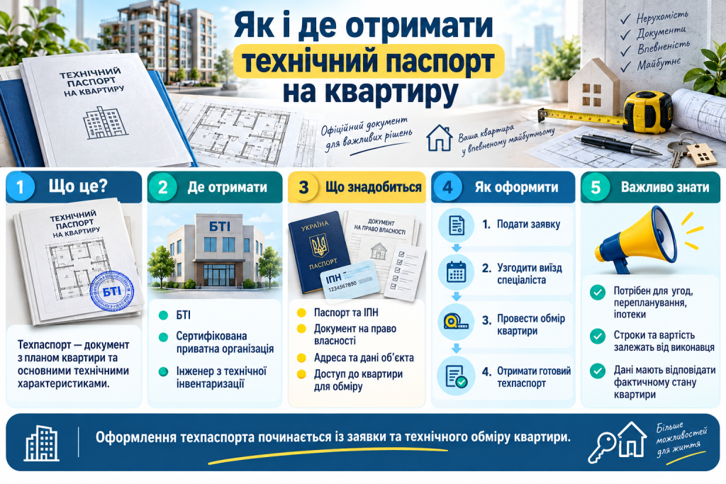 Інфографіка про оформлення технічного паспорта на квартиру, необхідні документи, обмір житла та порядок отримання техпаспорта