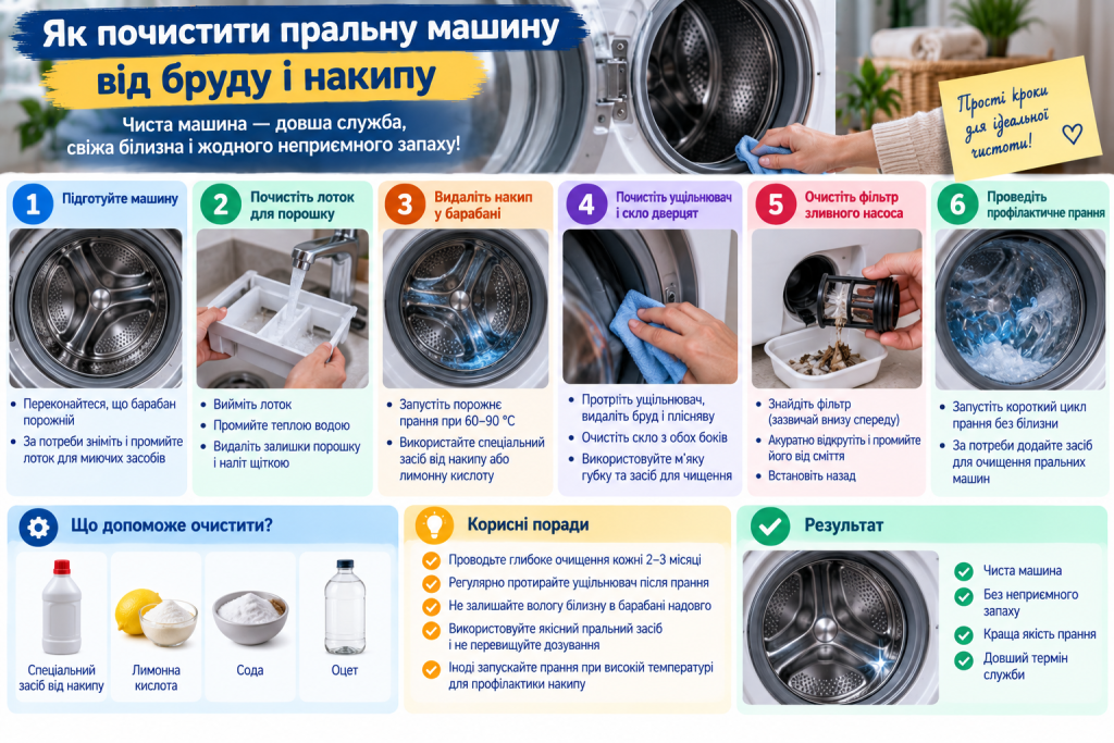 Інфографіка з покроковою інструкцією очищення пральної машини від бруду, накипу, залишків порошку та неприємного запаху.
