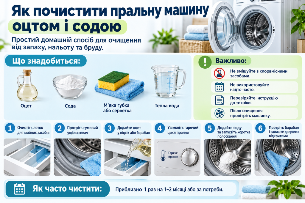 Інфографіка з покроковою інструкцією, як почистити пральну машину оцтом і содою від нальоту, бруду та неприємного запаху.